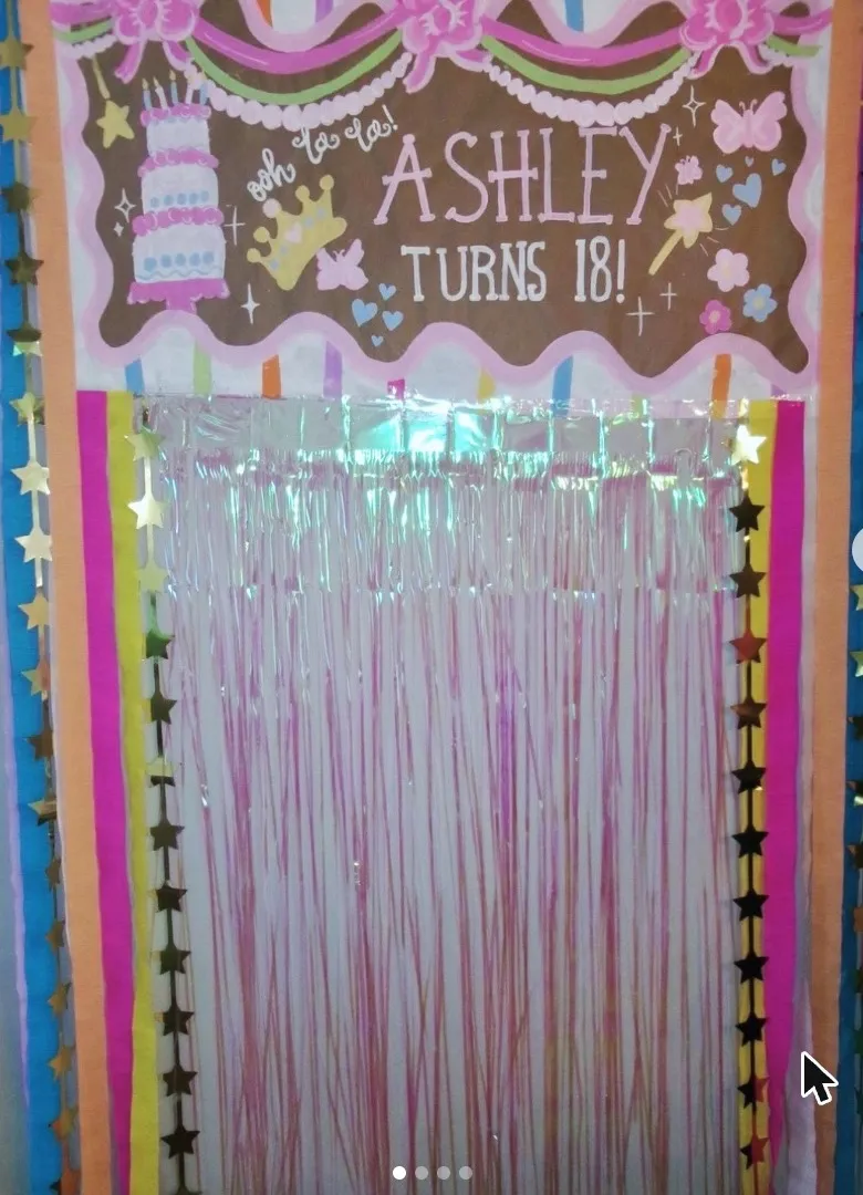 18th birthday door setup with painted banner, streamers, and gold stars