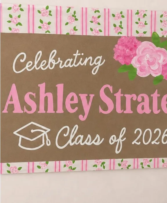 Floral graduation banner reading Celebrating Ashley Strate, Class of 2026